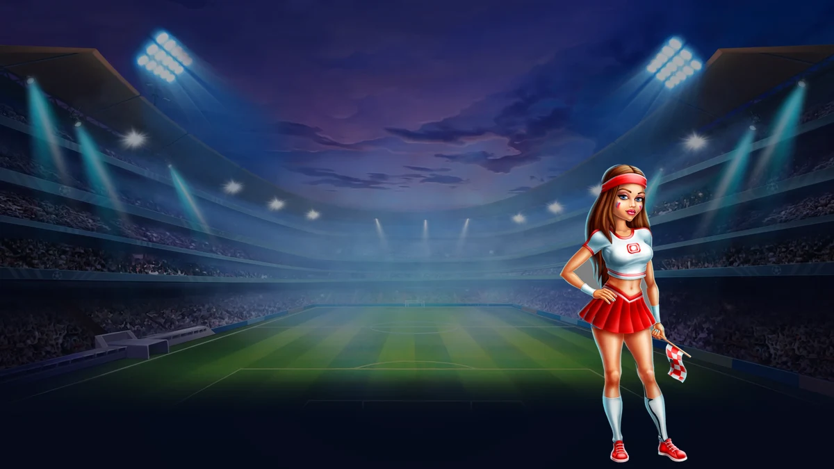 La aficionada del juego en el cesped, con el estadio iluminado detras